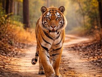 Tiger walking along a forest path in Bandhavgarh National Park.