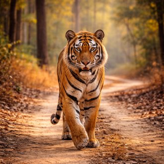 Tiger walking along a forest path in Bandhavgarh National Park.