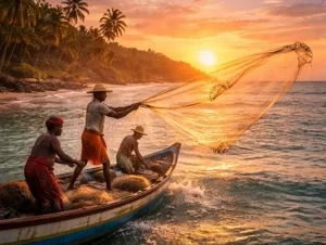 Fishermen casting nets at sunset in Kerala.