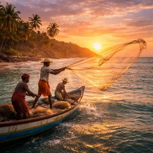 Fishermen casting nets at sunset in Kerala.