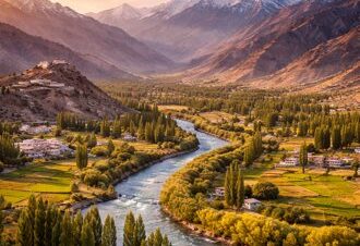 Scenic valley with river and mountains of Ladakh Valley