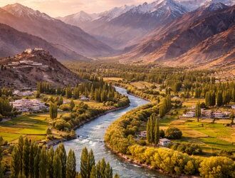 Scenic valley with river and mountains of Ladakh Valley