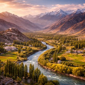 Scenic valley with river and mountains of Ladakh Valley