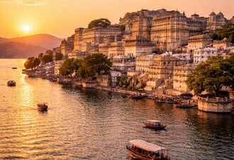 The Rajasthan Luxury Tour. Sunset over Udaipur's serene lake.