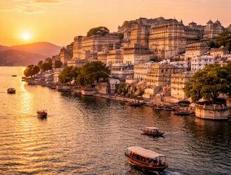 The Rajasthan Luxury Tour. Sunset over Udaipur's serene lake.