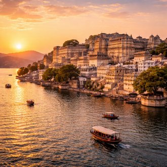 The Rajasthan Luxury Tour. Sunset over Udaipur's serene lake.