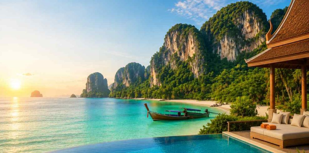 Thailand Tour Package from India Bangkok skyline Pattaya Coral Island speedboat tour Phuket tropical beach resort Thailand Bangkok temple sightseeing itinerary Phi Phi Island Thailand crystal clear water Luxury Thailand holiday package from India Pattaya beach evening nightlife Phuket island vacation scenery